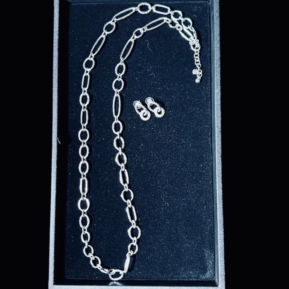 Brighton Silver Long Link Necklace Drop Earrings Set Textured Oval Links Retired - Picture 7 of 14